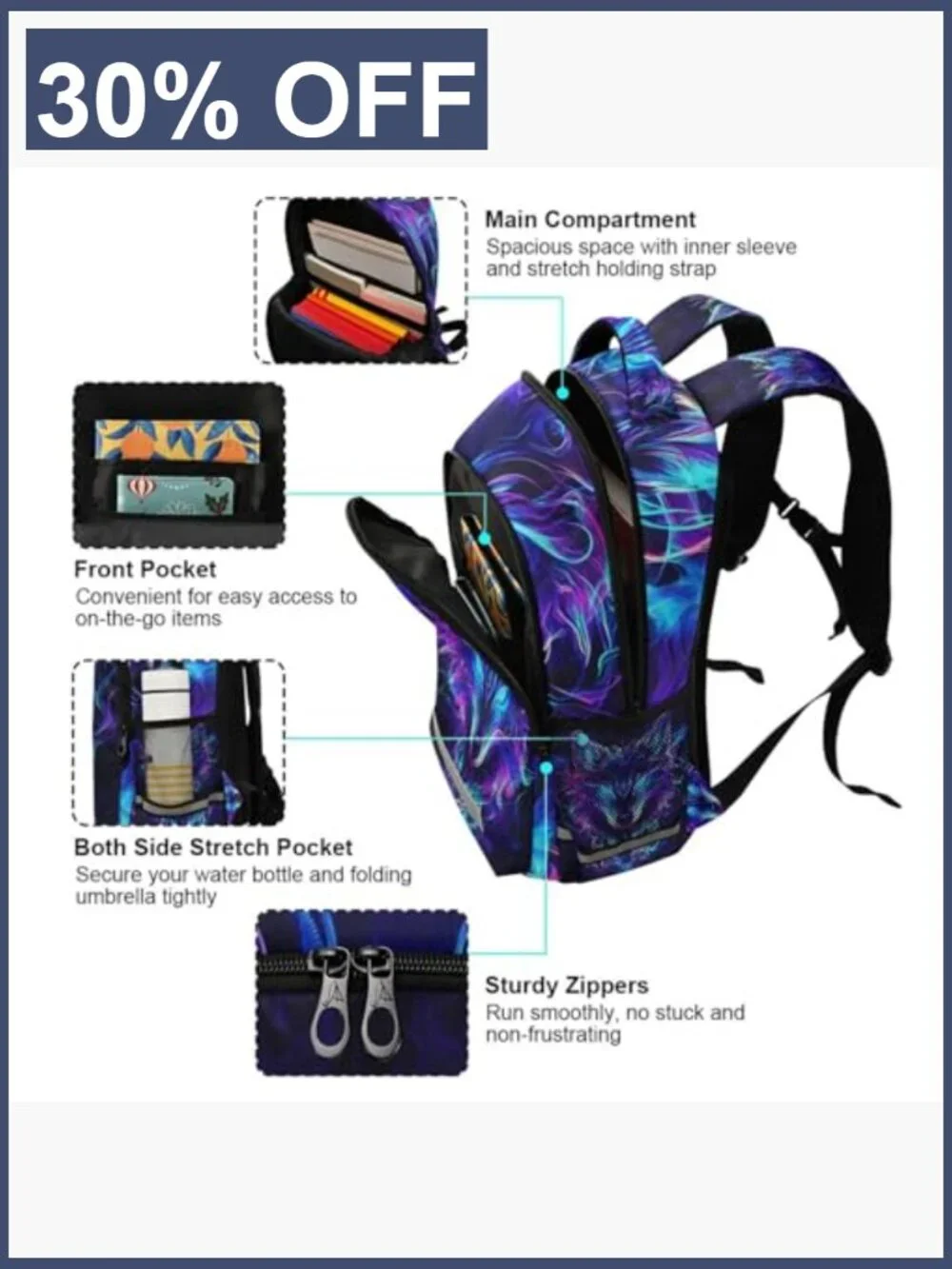 Wolf Backpack for Kids School Bag Boys Girls Travel Rucksack Bookbag Polyester